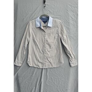 Tommy Hilfiger Shirt Womens Small Beige Striped Button Front Collared Cotton